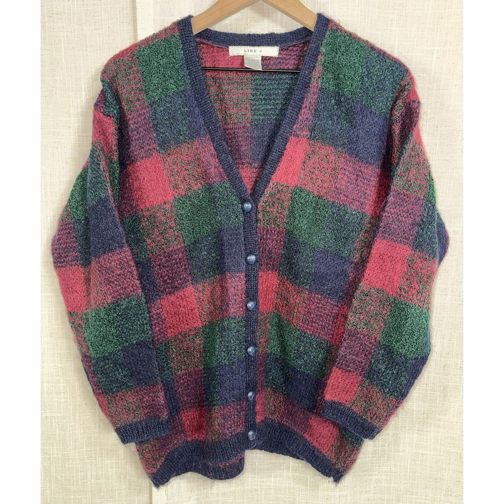 Vintage Lise J. Tartan Plaid Mohair Blend Women's L Large Knit Sweater Cardigan‎